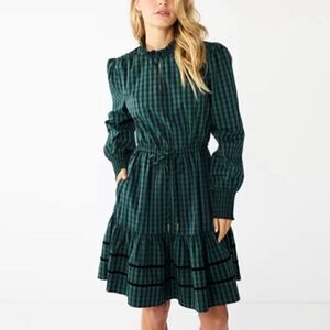DRAPER JAMES RSVP Long Sleeve Tiered Dress New Plaid Black Green Size 2XL